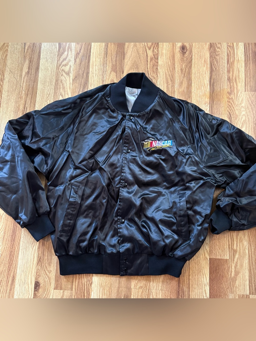 Vintage Nascar Racing Jacket Black Satin Auburn Made in USA Embroidered Size XL